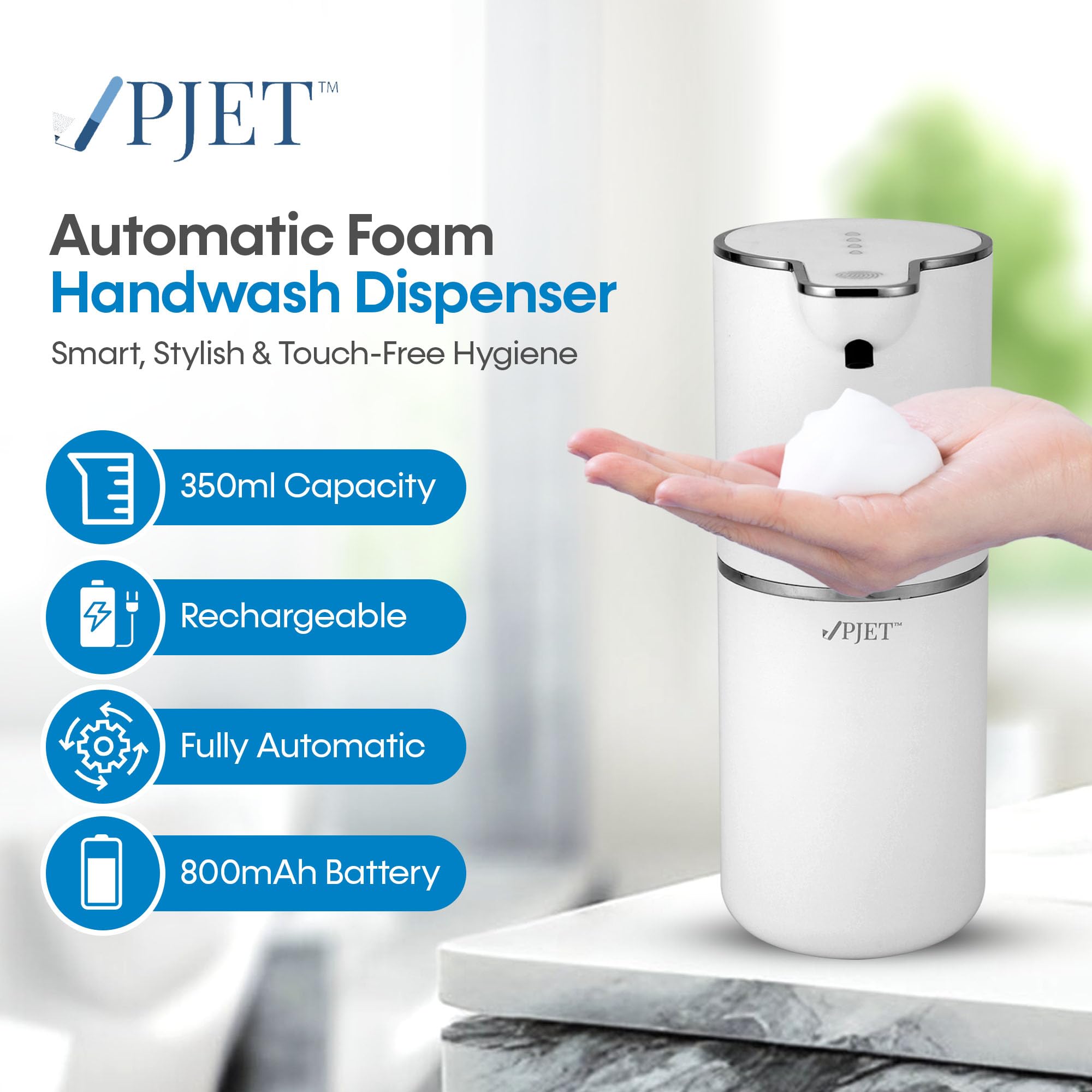 Pjet Automatic Foam Handwash Dispenser | Smart Touchless Soap Holder For Bathroom, Office, Kitchen (350 Ml) Plastic